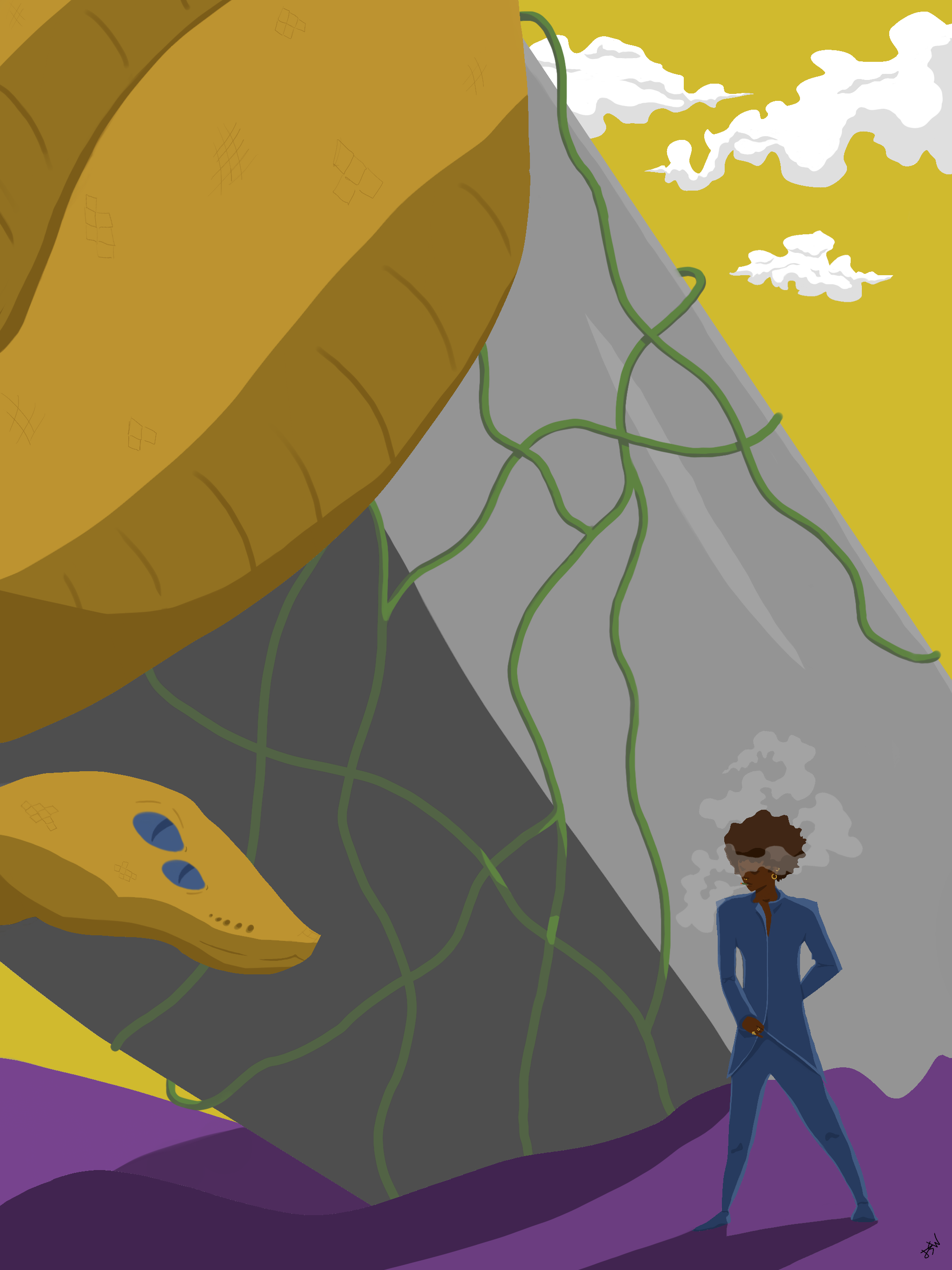 BIPOC in scifi clothes, beside a crashed spaceship wrapped in vines and an alien snake that's even larger.